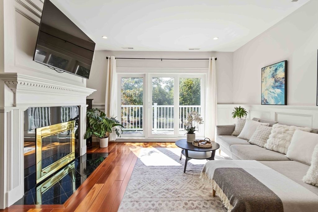 Fireplace, Interior, Living room, Recessed Lighting, Wood Texture Flooring