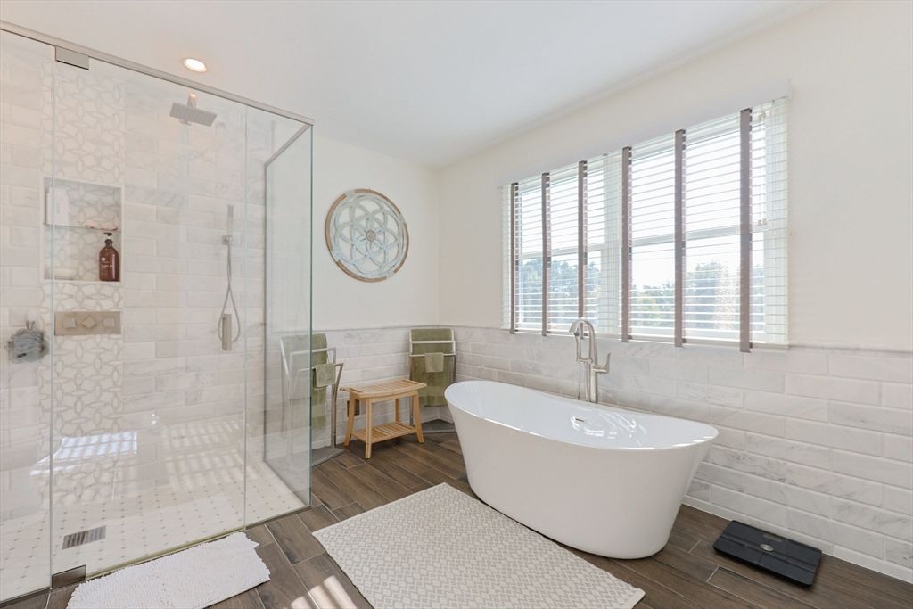 Bathroom, Free Standing Baths, Glass Shower, Interior, Recessed Lighting, Wood Texture Flooring