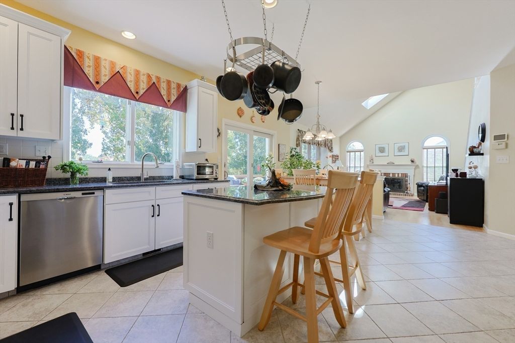 Fireplace, Interior, Kitchen, Pendant Lights, Recessed Lighting, Stainless Steel Appliances