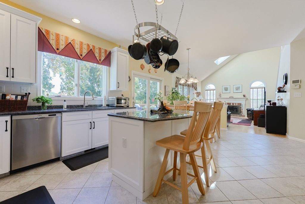 Fireplace, Interior, Kitchen, Pendant Lights, Recessed Lighting, Stainless Steel Appliances