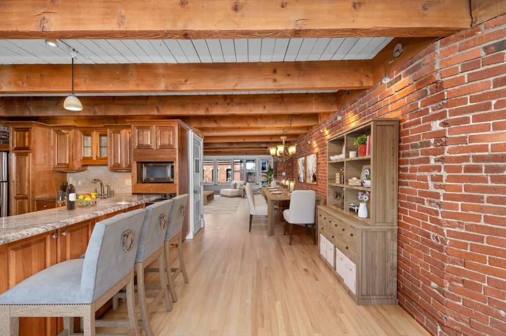 Chandelier, Dining room, Interior, Kitchen, Pendant Lights, Stone Walls, Wooden Beams, Wooden Ceilings, Wood Texture Flooring
