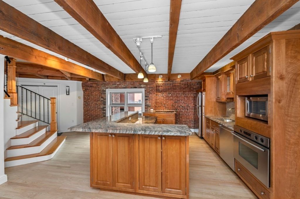 Interior, Kitchen, Pendant Lights, Stainless Steel Appliances, Stone Walls, Wooden Beams, Wood Texture Flooring