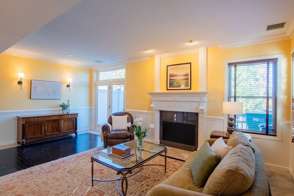 Fireplace, Interior, Living room, Recessed Lighting, Wood Texture Flooring