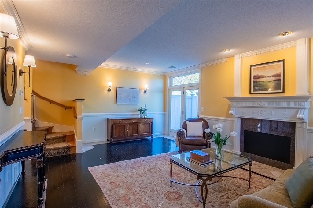 Fireplace, Interior, Living room, Recessed Lighting, Wood Texture Flooring