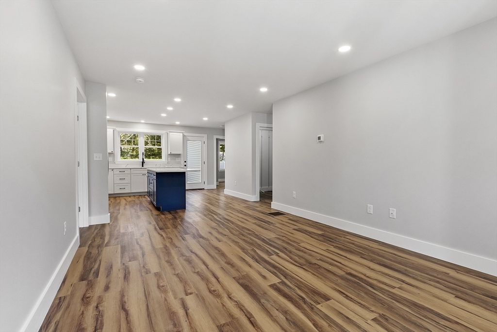 Empty room, Interior, Kitchen, Recessed Lighting, Wood Texture Flooring