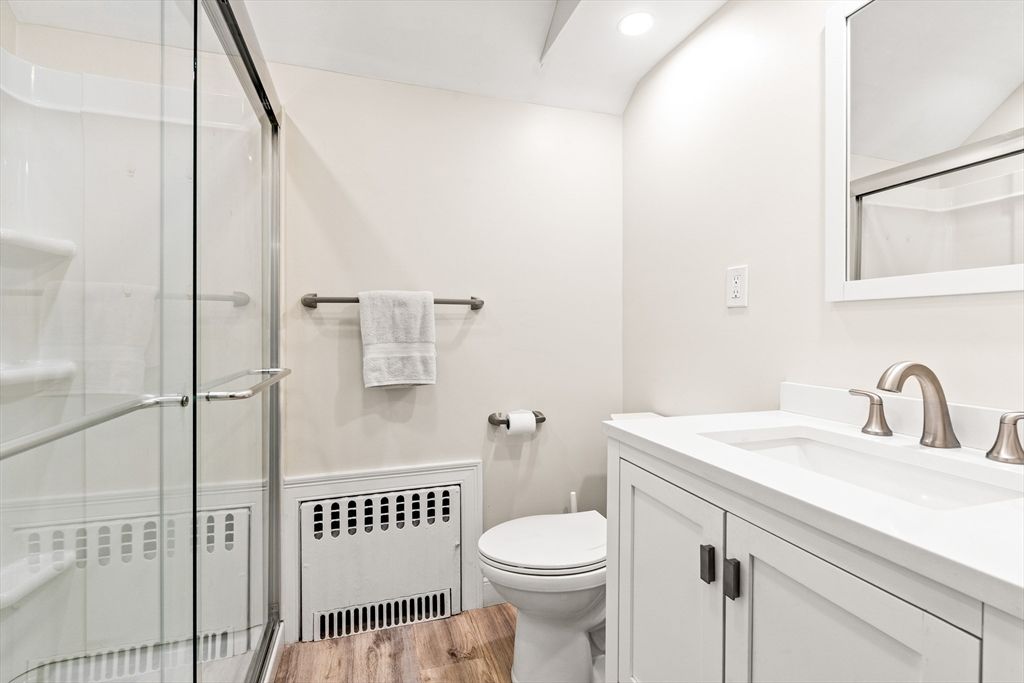 Bathroom, Glass Shower, Interior, Recessed Lighting, Wood Texture Flooring