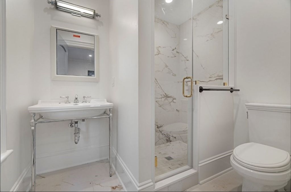 Bathroom, Glass Shower, Interior, Marble, Marble Walls, Recessed Lighting