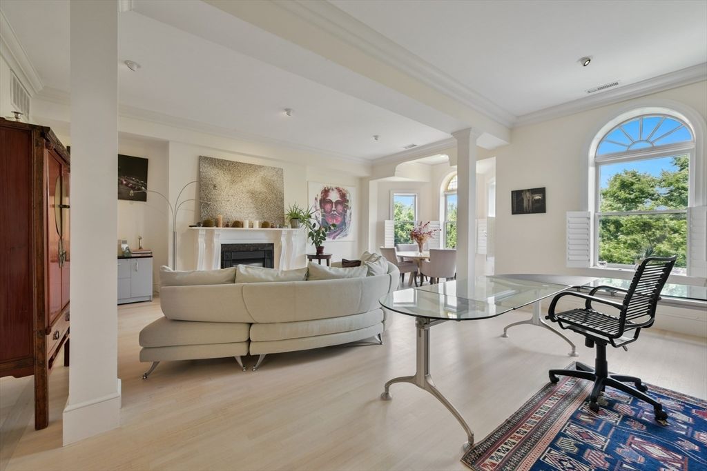 Dining room, Fireplace, Interior, Living room, Recessed Lighting, Wood Texture Flooring