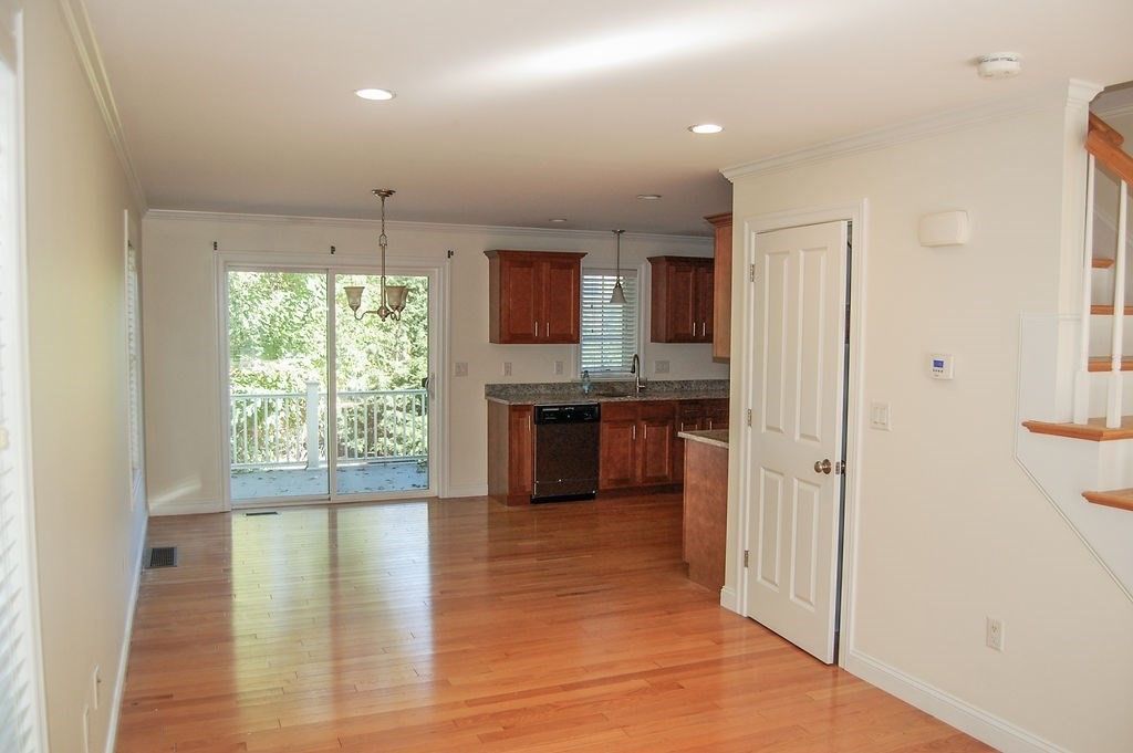 Empty room, Interior, Kitchen, Pendant Lights, Recessed Lighting, Wood Texture Flooring