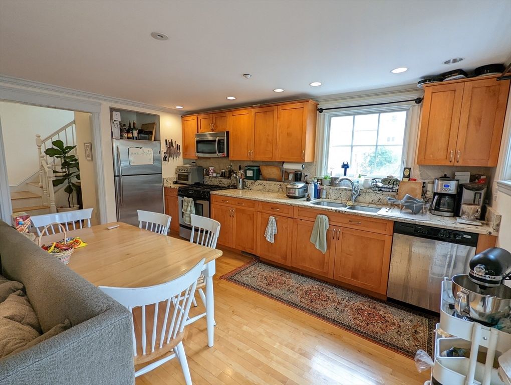 Dining room, Interior, Kitchen, Recessed Lighting, Stainless Steel Appliances, Wood Texture Flooring