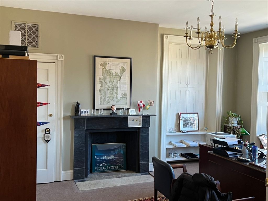 Chandelier, Fireplace, Home Office, Interior