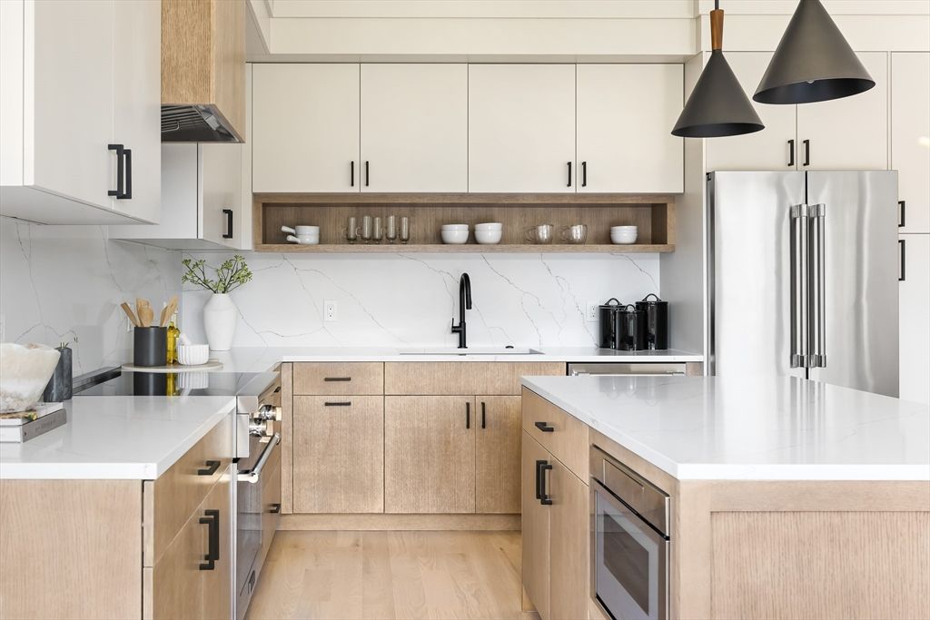 Interior, Kitchen, Marble Walls, Stainless Steel Appliances, Wood Texture Flooring
