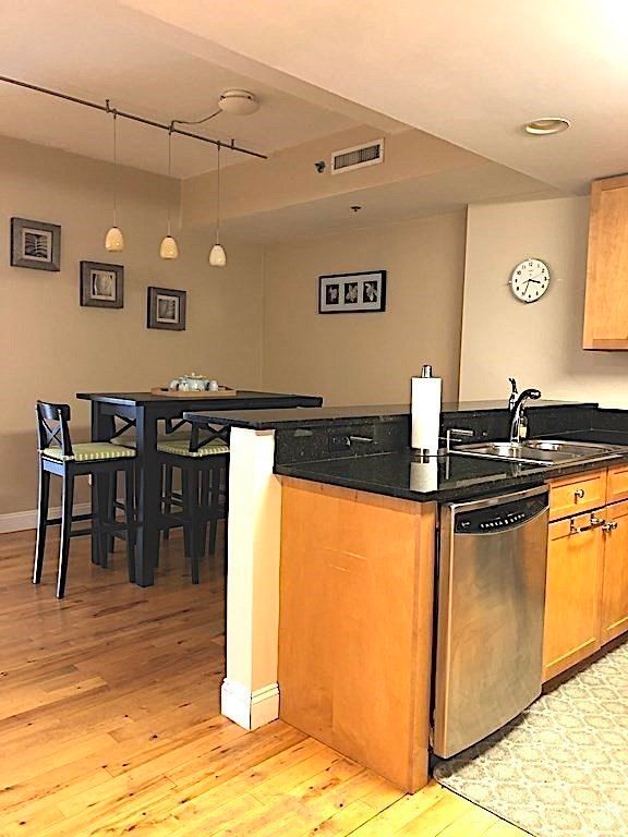 Dining room, Interior, Kitchen, Pendant Lights, Recessed Lighting, Wood Texture Flooring
