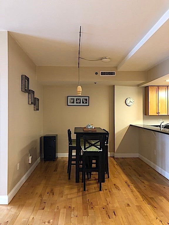 Dining room, Interior, Pendant Lights, Recessed Lighting, Wood Texture Flooring