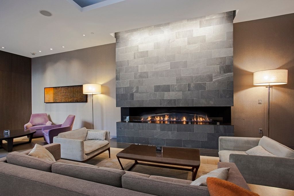 Fireplace, Interior, Living room, Recessed Lighting, Stone Walls