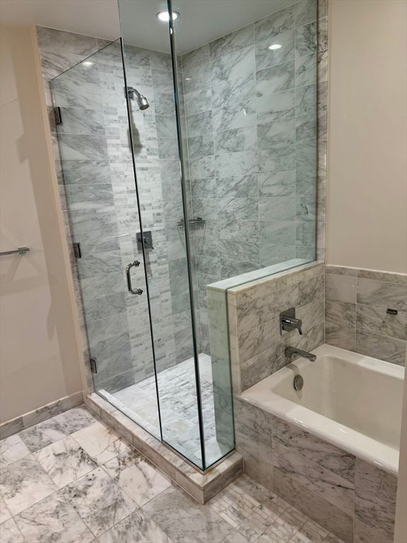 Bathroom, Glass Shower, Interior, Marble, Marble Walls, Recessed Lighting