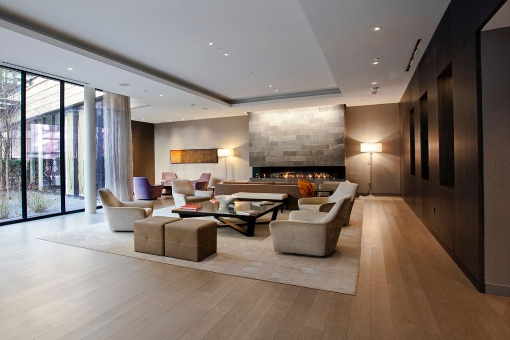 Fireplace, Interior, Living room, Recessed Lighting, Wood Texture Flooring