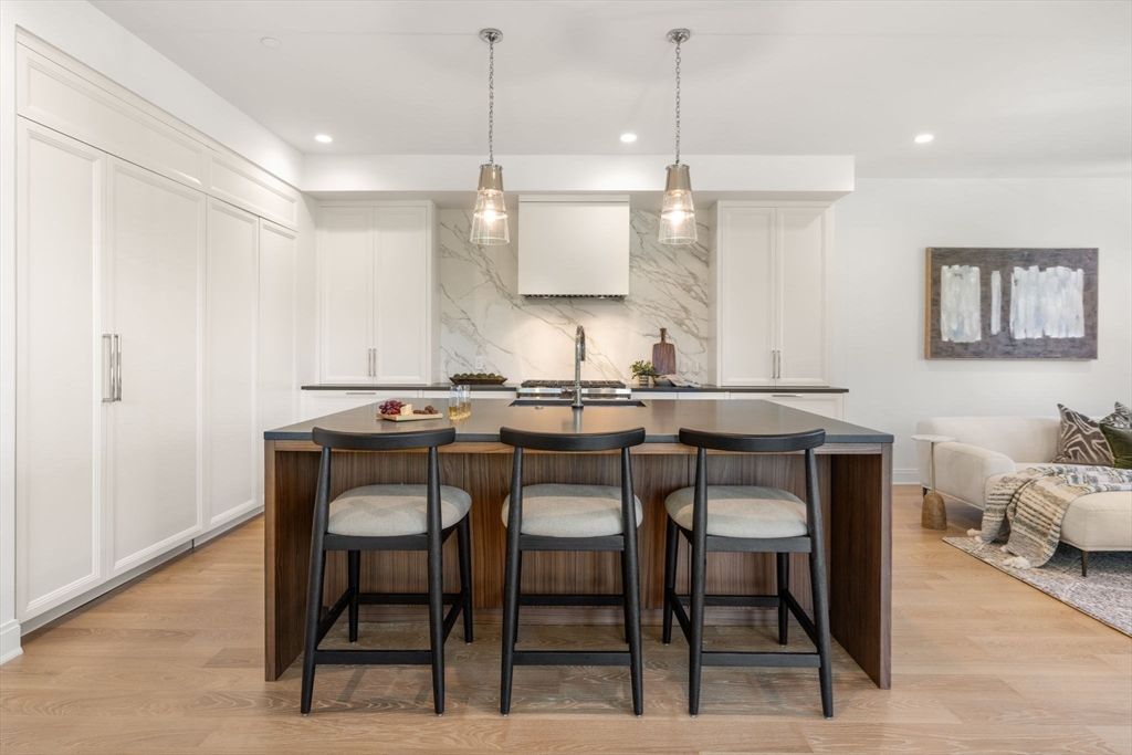 Interior, Kitchen, Marble Walls, Pendant Lights, Recessed Lighting, Wood Texture Flooring