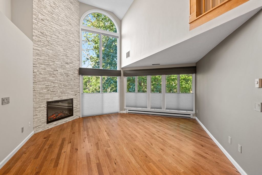 Empty room, Fireplace, Interior, Stone Walls, Wood Texture Flooring