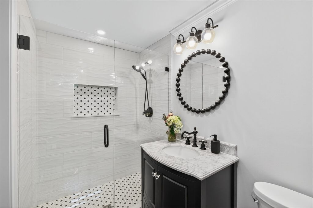 Bathroom, Glass Shower, Interior, Marble Walls, Recessed Lighting