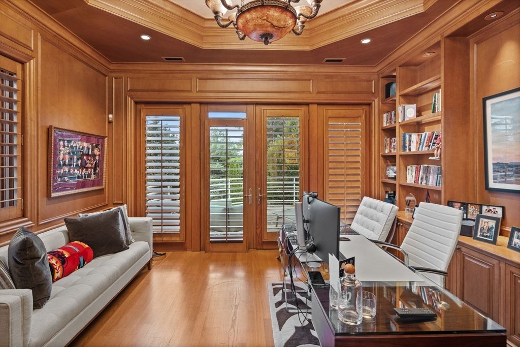 Chandelier, Home Office, Interior, Recessed Lighting, Wood Texture Flooring, Wooden Walls