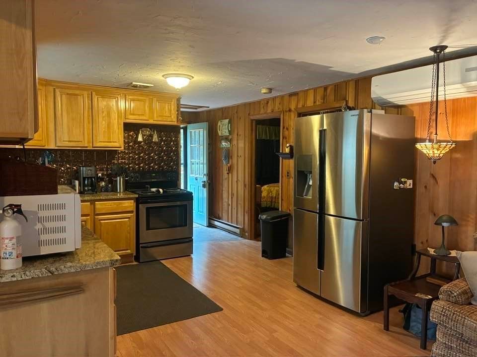 Interior, Kitchen, Pendant Lights, Stainless Steel Appliances, Wood Texture Flooring