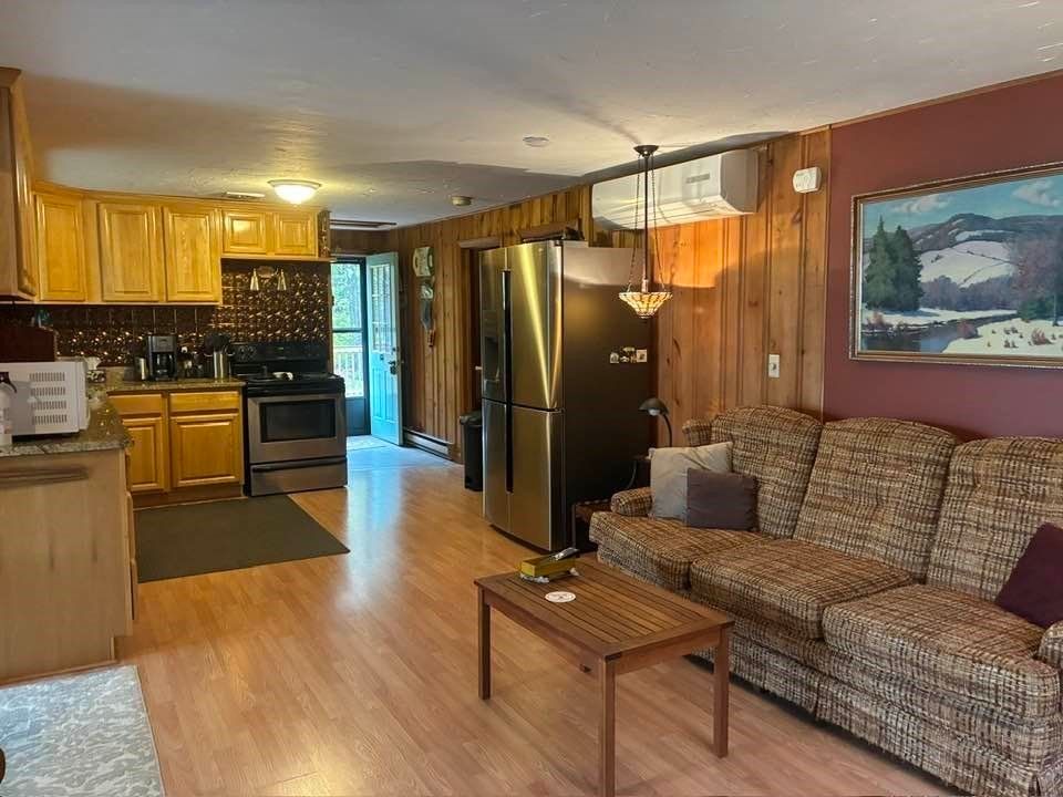Interior, Kitchen, Living room, Stainless Steel Appliances, Wood Texture Flooring, Wooden Walls