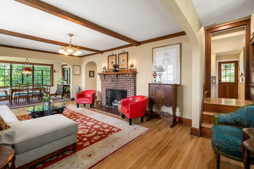 Chandelier, Dining room, Fireplace, Interior, Living room, Wooden Beams, Wood Texture Flooring