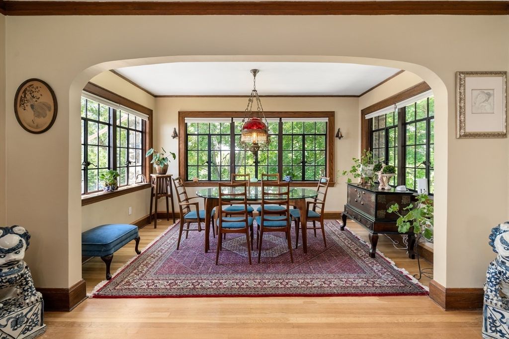 Dining room, Interior, Pendant Lights, Wood Texture Flooring