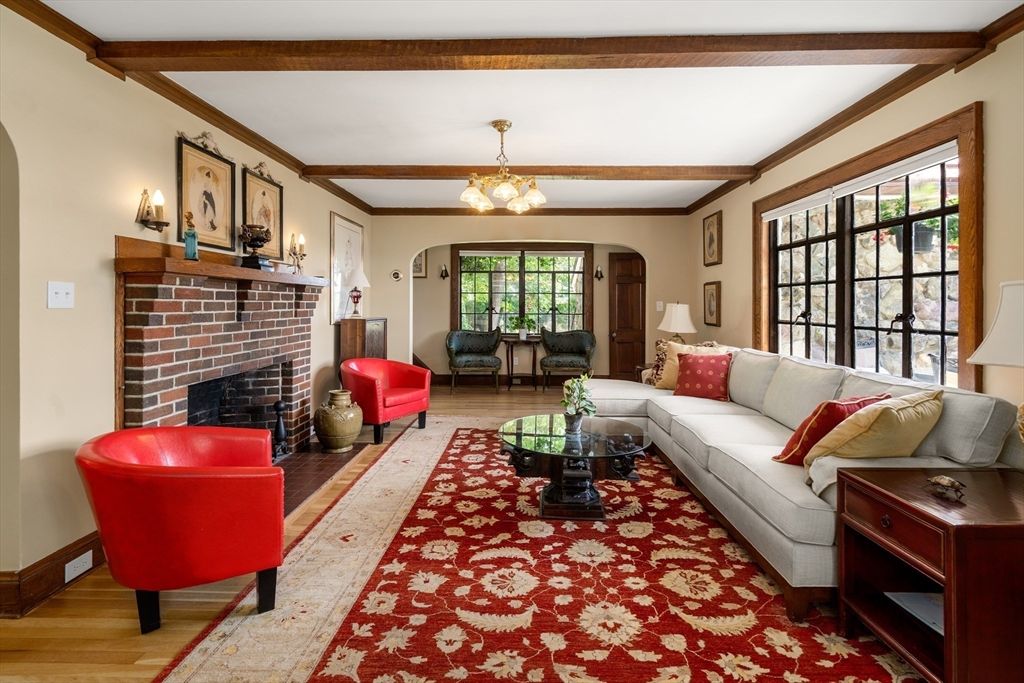 Chandelier, Fireplace, Interior, Living room, Wooden Beams, Wood Texture Flooring