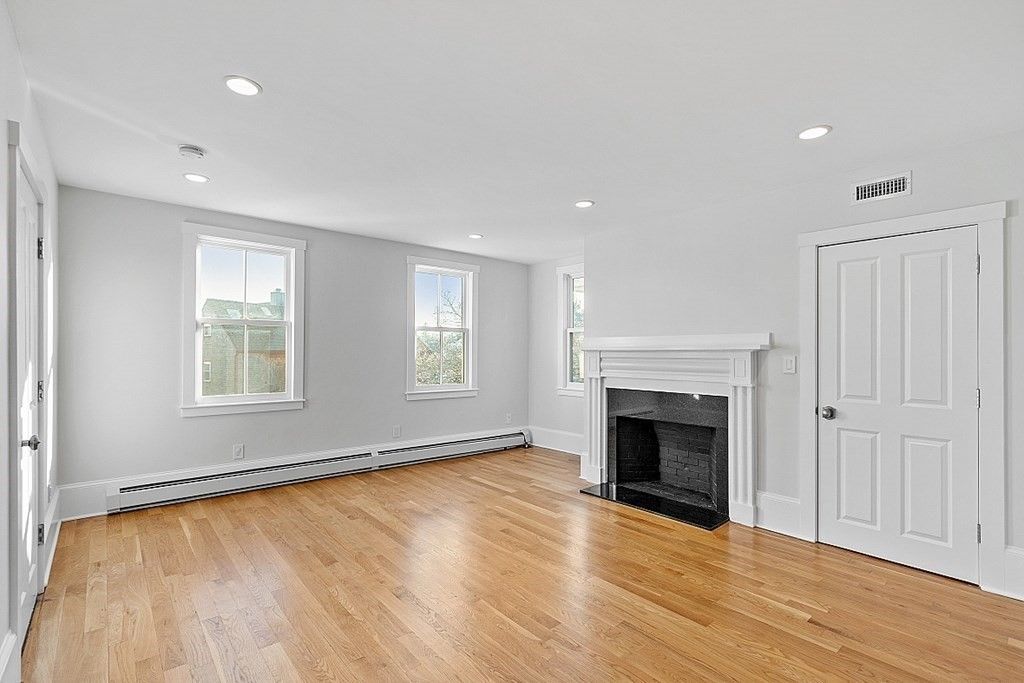 Empty room, Fireplace, Interior, Recessed Lighting, Wood Texture Flooring