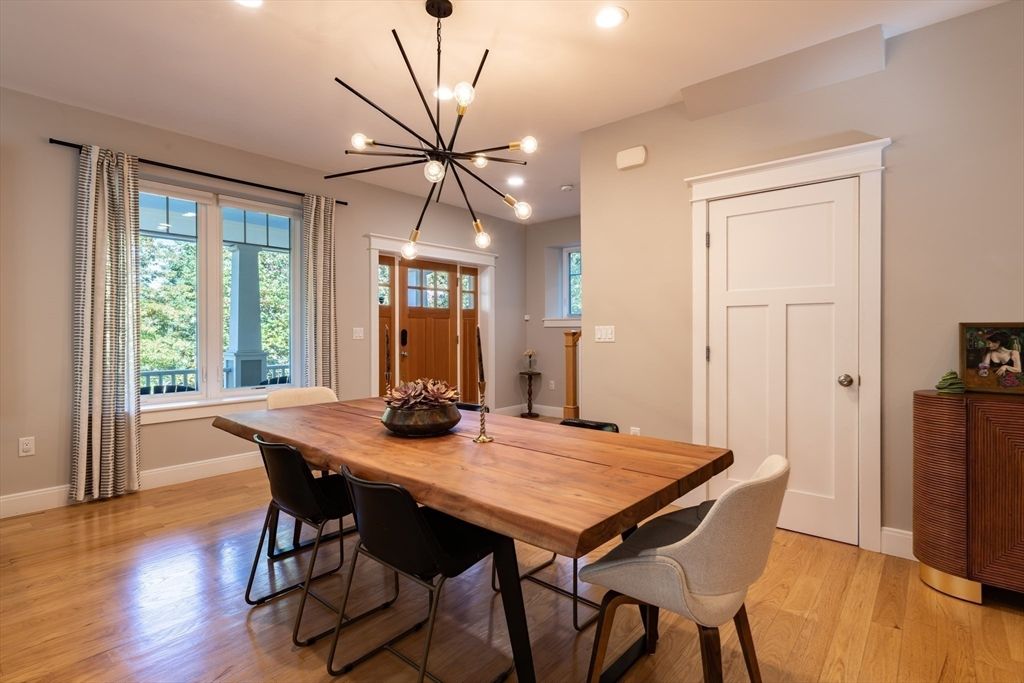 Dining room, Interior, Pendant Lights, Recessed Lighting, Wood Texture Flooring