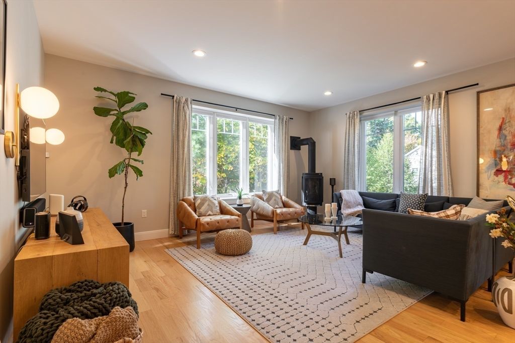 Fireplace, Interior, Living room, Recessed Lighting, Wood Texture Flooring
