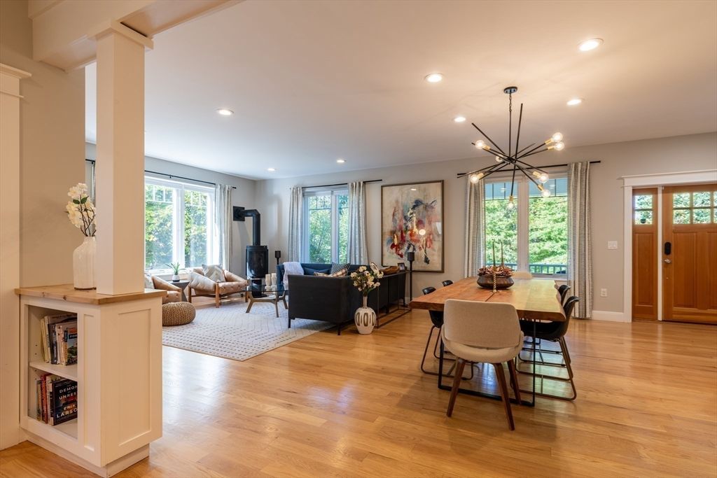 Dining room, Fireplace, Interior, Living room, Pendant Lights, Recessed Lighting, Wood Texture Flooring
