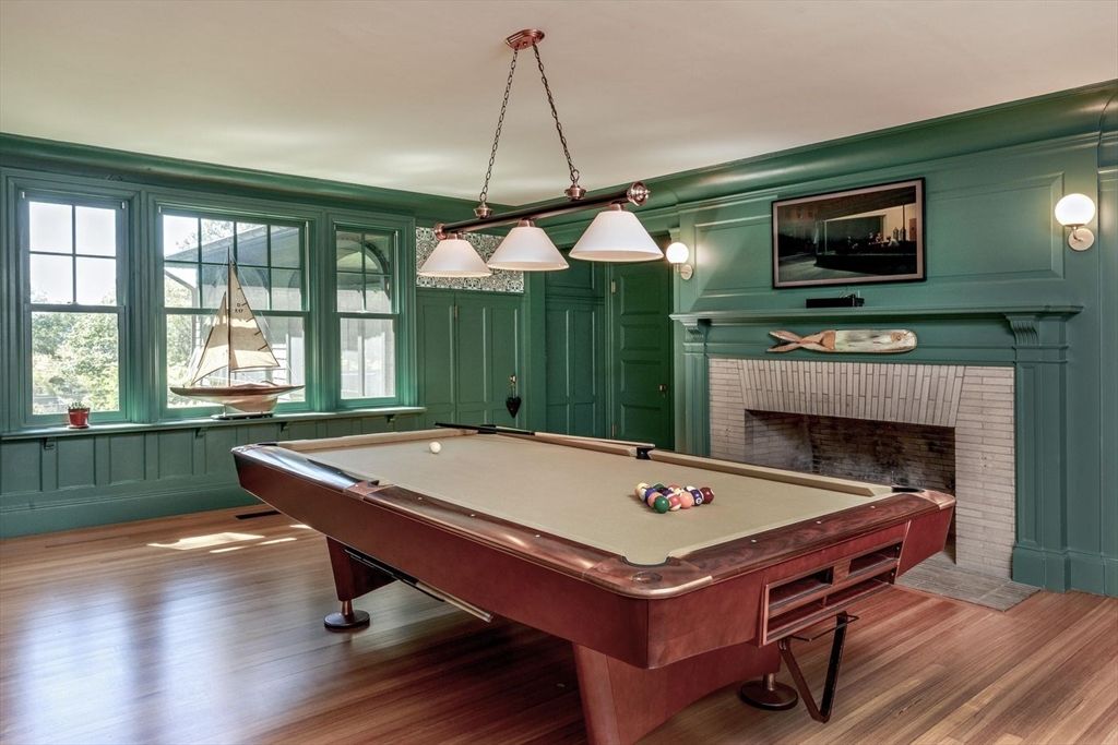 Billiard Table, Chandelier, Fireplace, Game Room, Interior, Pendant Lights, Wood Texture Flooring