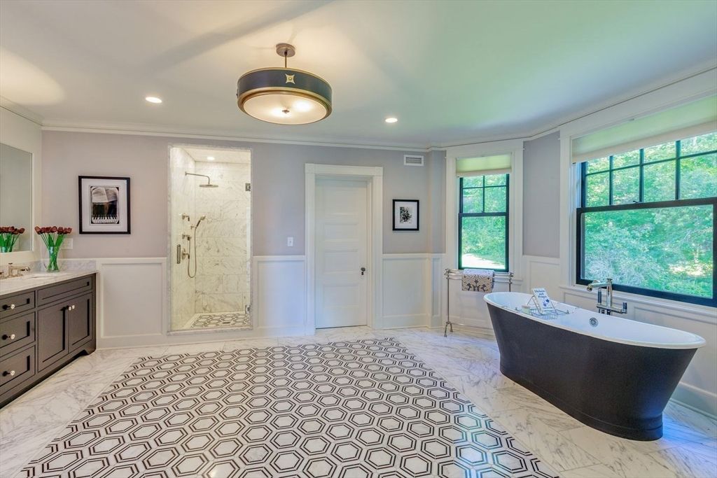 Bathroom, Free Standing Baths, Glass Shower, Interior, Marble, Marble Walls, Recessed Lighting