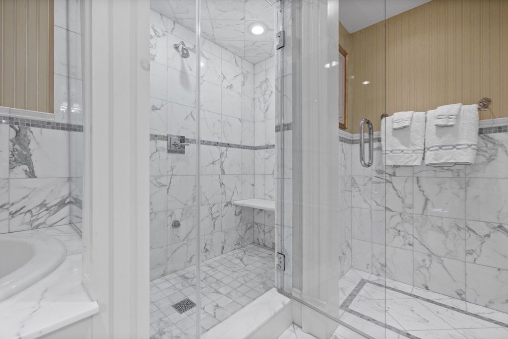 Bathroom, Glass Shower, Interior, Marble, Marble Walls, Recessed Lighting