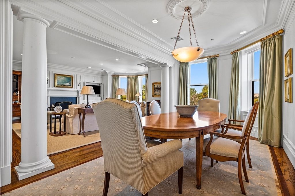 Dining room, Fireplace, Interior, Pendant Lights, Recessed Lighting, Wood Texture Flooring
