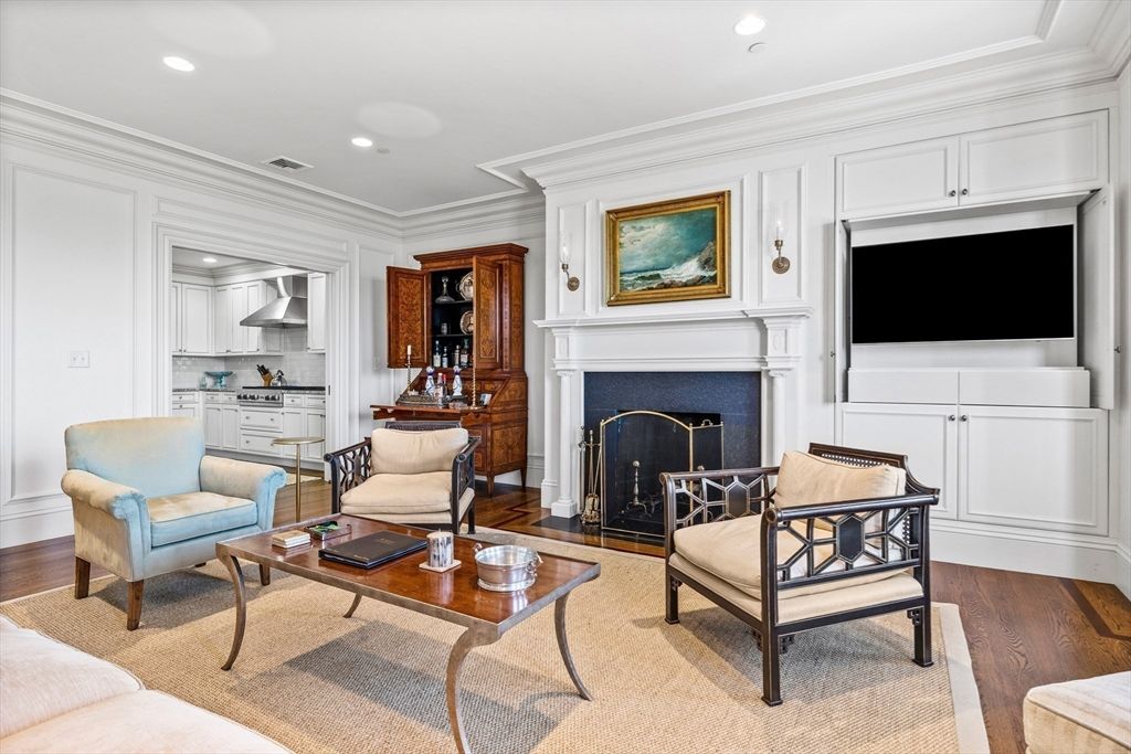 Fireplace, Interior, Living room, Recessed Lighting, Wood Texture Flooring
