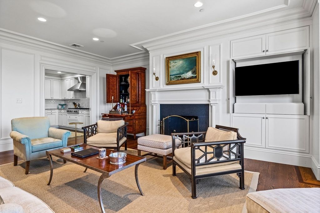 Fireplace, Interior, Kitchen, Living room, Recessed Lighting, Wood Texture Flooring