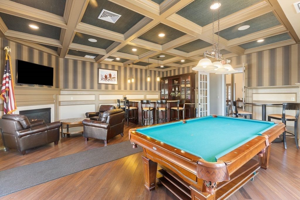 Billiard Table, Game Room, Interior, Pendant Lights, Recessed Lighting, Wood Texture Flooring