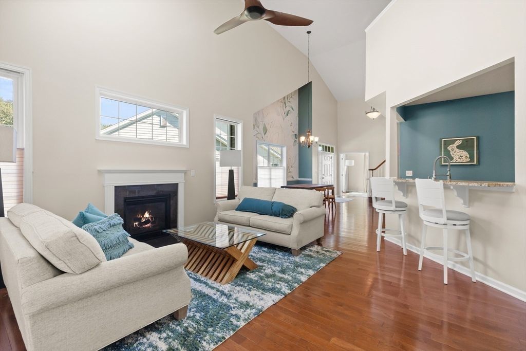 Chandelier, Dining room, Fireplace, Interior, Living room, Pendant Lights, Wood Texture Flooring