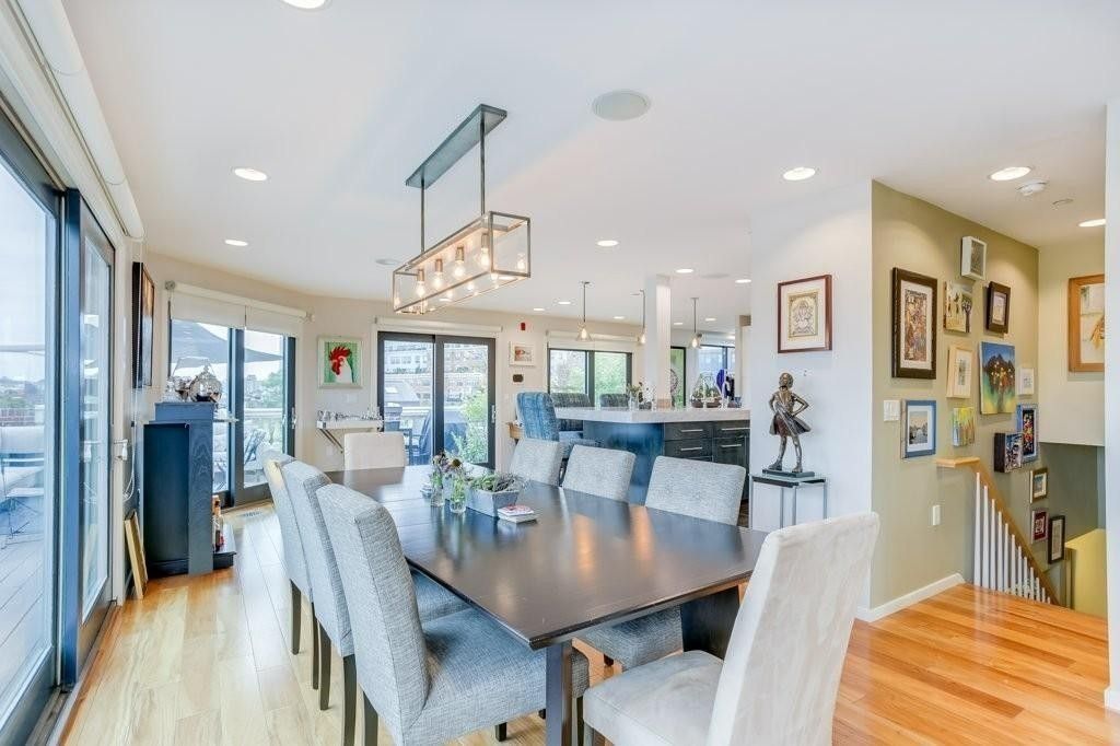 Dining room, Interior, Pendant Lights, Recessed Lighting, Wood Texture Flooring
