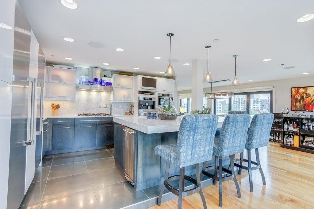 Interior, Kitchen, Pendant Lights, Recessed Lighting, Stainless Steel Appliances, Wood Texture Flooring