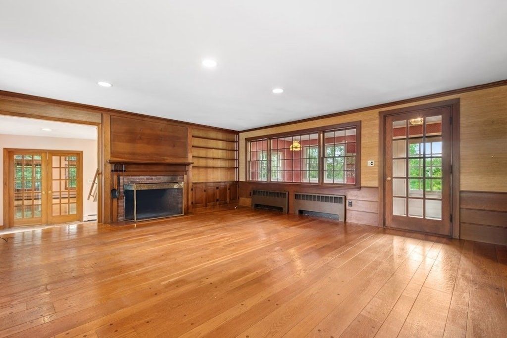 Empty room, Fireplace, Interior, Recessed Lighting, Wood Texture Flooring, Wooden Walls
