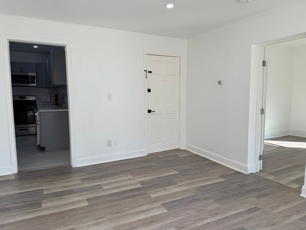 Empty room, Interior, Kitchen, Recessed Lighting, Wood Texture Flooring
