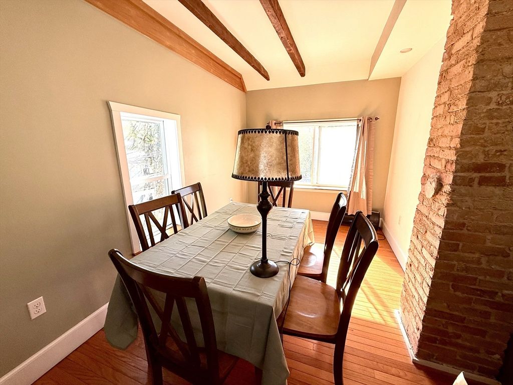 Dining room, Interior, Stone Walls, Wooden Beams, Wood Texture Flooring
