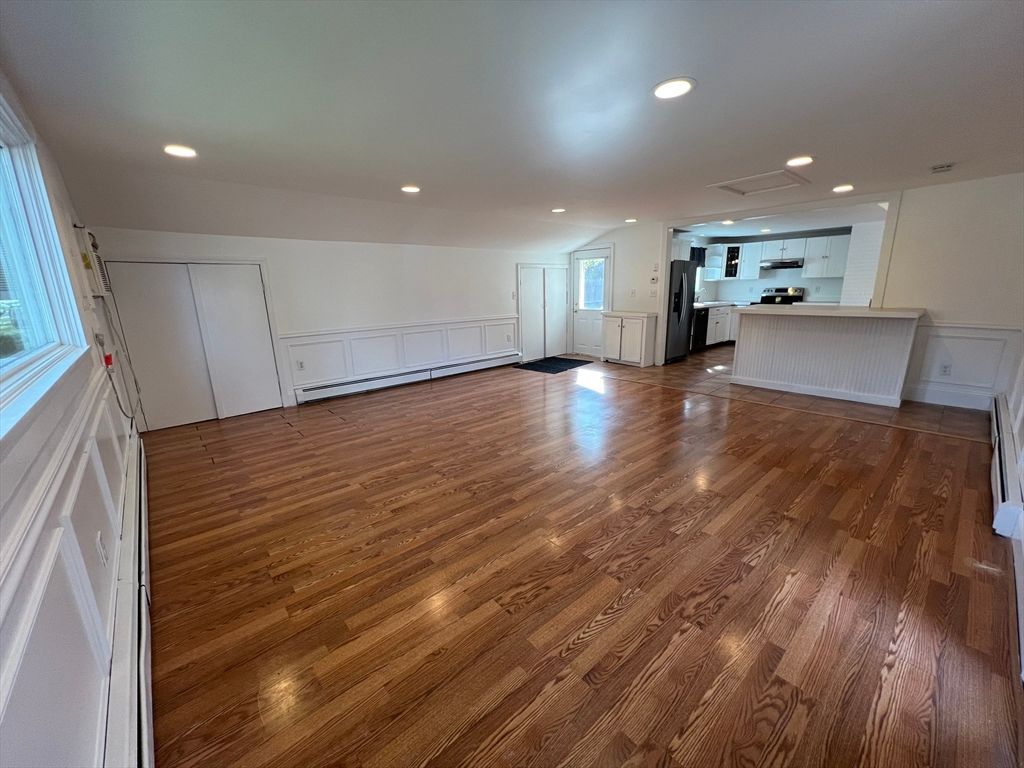 Empty room, Interior, Kitchen, Recessed Lighting, Wood Texture Flooring