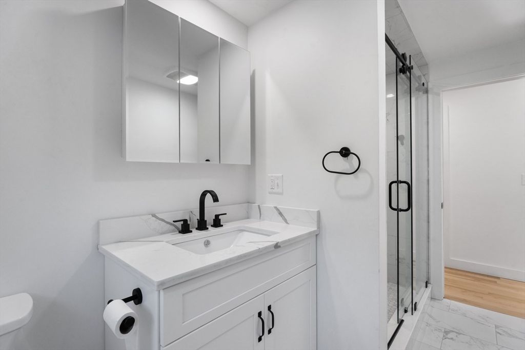 Bathroom, Glass Shower, Interior, Marble, Wood Texture Flooring