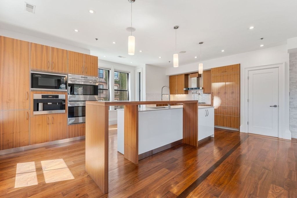 Interior, Kitchen, Pendant Lights, Recessed Lighting, Stainless Steel Appliances, Wood Texture Flooring